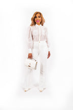 Vireth Organza Blouse Dames Met Parel Details en Lange Mouwen