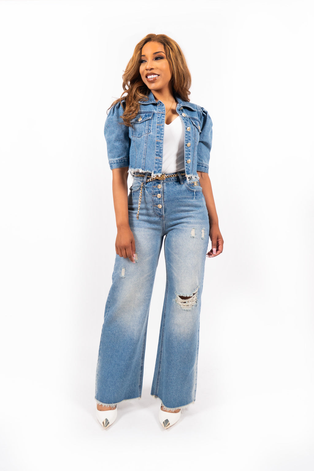 Lumora Ripped Denim Wide Leg Jeans Lichtblauw High Waist