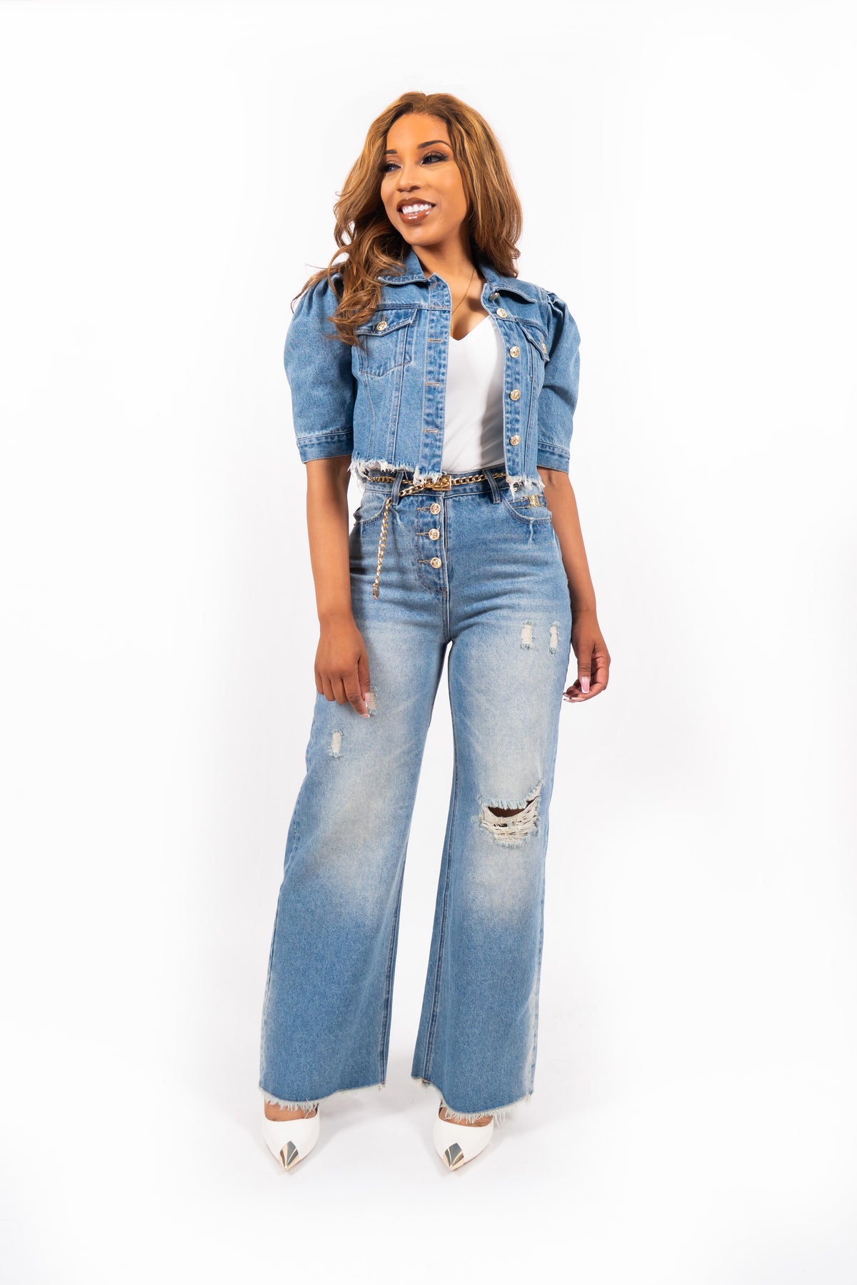 Lumora Ripped Denim Wide Leg Jeans Lichtblauw High Waist
