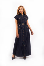 Velora Maxi Denim Jurk Donkerblauw met Ceintuur en Gouden Knopen