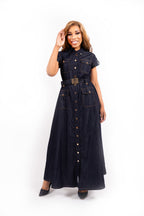 Velora Maxi Denim Jurk Donkerblauw met Ceintuur en Gouden Knopen