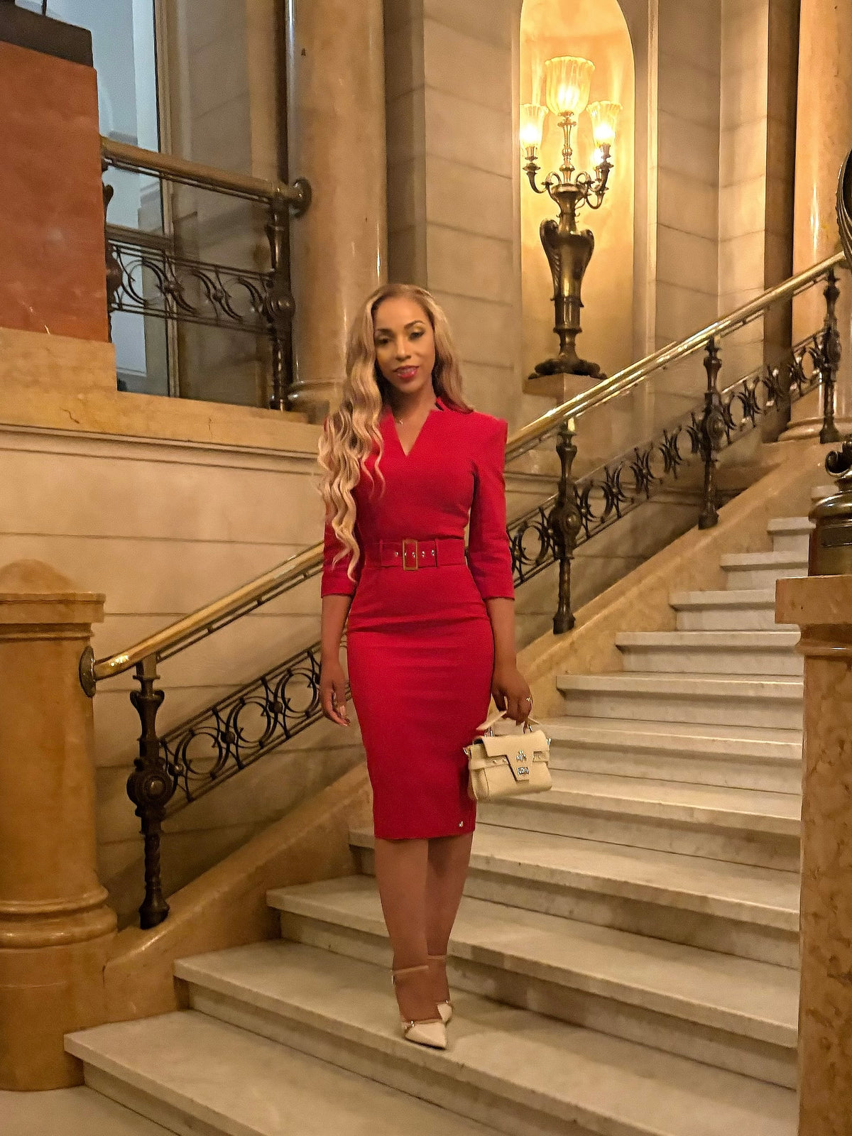 Lorian Stretch Midi Jurk met Ceintuur